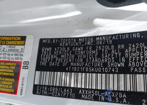 2019 Toyota Avalon Hybrid Limited z USA, uszkodzony, nr VIN 4T1B21FB5KU010743